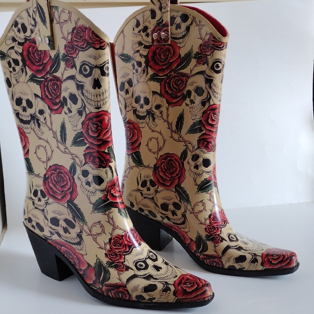 Sweet Beauty Skull and Rose Rubber Western Boots 9